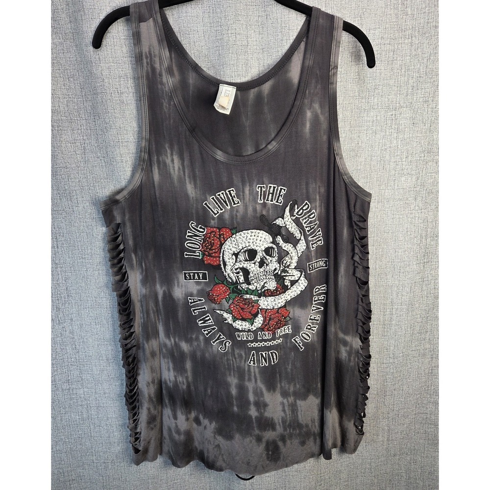 Vintage Women's Long Live The Brave Skull & Roses Tank Top Rhinestones Biker